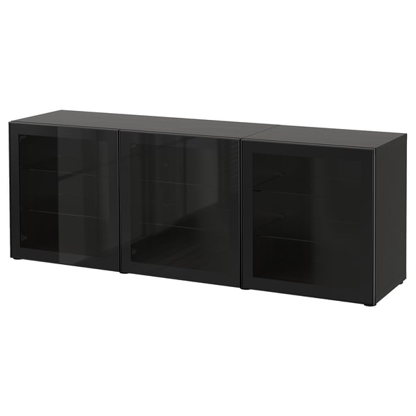 BESTÅ Rangement à portes, brun-noir/Glassvik noir/verre clair, 70 7/8x16 1/2x25 5/8 "