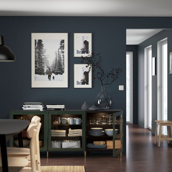BESTÅ Rangement à portes, brun-noir Glassvik/Ösarp/vert olive foncé verre clair, 70 7/8x16 1/2x29 1/8 "