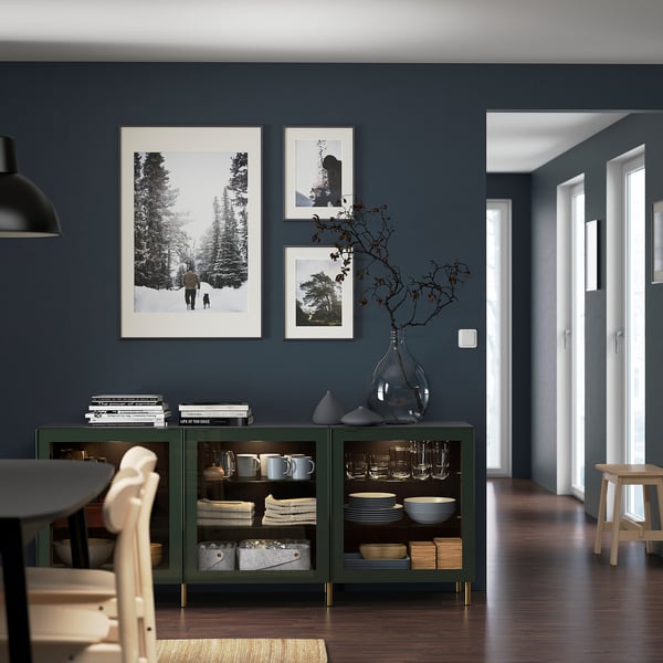 BESTÅ Rangement à portes, brun-noir Glassvik/Ösarp/vert olive foncé verre clair, 70 7/8x16 1/2x29 1/8 "