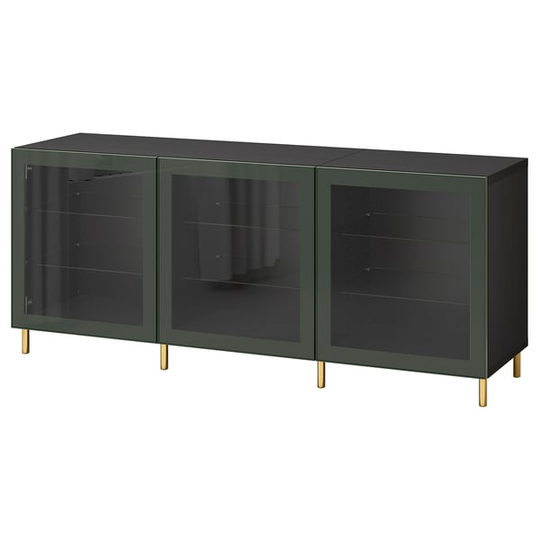 BESTÅ Rangement à portes, brun-noir Glassvik/Ösarp/vert olive foncé verre clair, 70 7/8x16 1/2x29 1/8 "