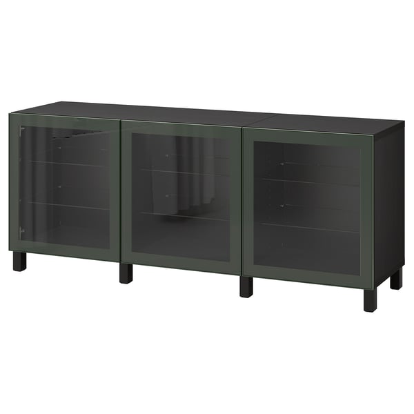 BESTÅ Rangement à portes, brun-noir Glassvik/Stubbarp/vert olive foncé verre clair, 70 7/8x16 1/2x29 1/8 "