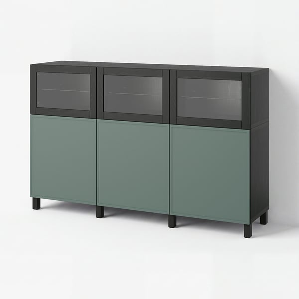 BESTÅ Rangement à portes, brun-noir/Krukmakare gris-vert foncé, 70 7/8x16 1/2x44 1/8 "