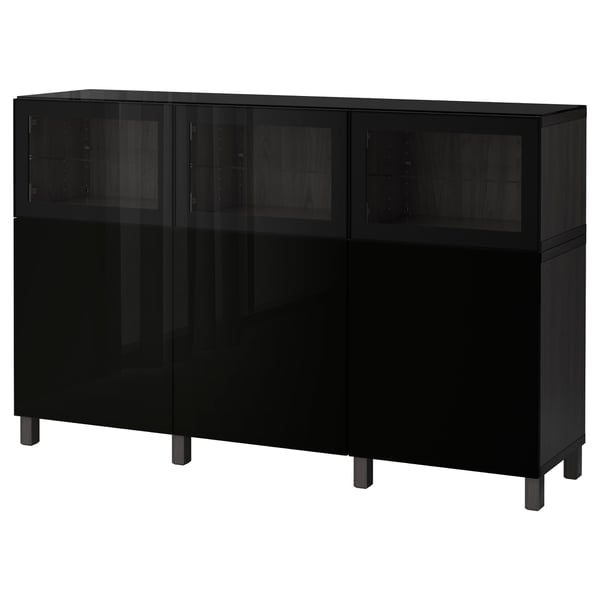 BESTÅ Rangement à portes, brun-noir Selsviken/Glassvik verre transparent noir/brillant, 70 7/8x16 1/2x44 1/8 "