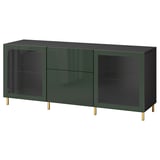 BESTÅ Rangement avec tiroirs, brun-noir Selsviken/Ösarp/vert olive foncé verre clair, 70 7/8x16 1/2x29 1/8 "