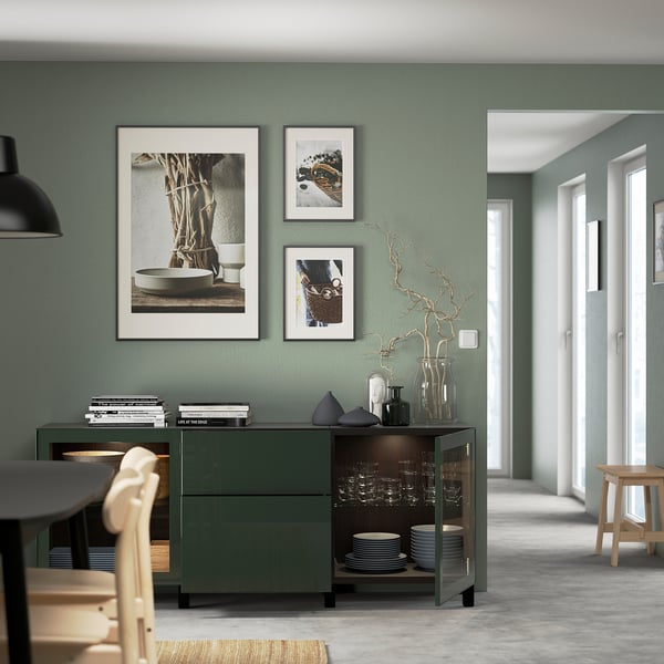 BESTÅ Rangement avec tiroirs, brun-noir Selsviken/Stubbarp/vert olive foncé verre clair, 70 7/8x16 1/2x29 1/8 "