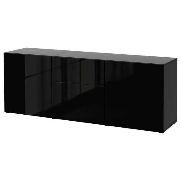 BESTÅ Rangement avec tiroirs, brun-noir/Selsviken ultrabrillant/noir, 70 7/8x16 1/2x25 5/8 "