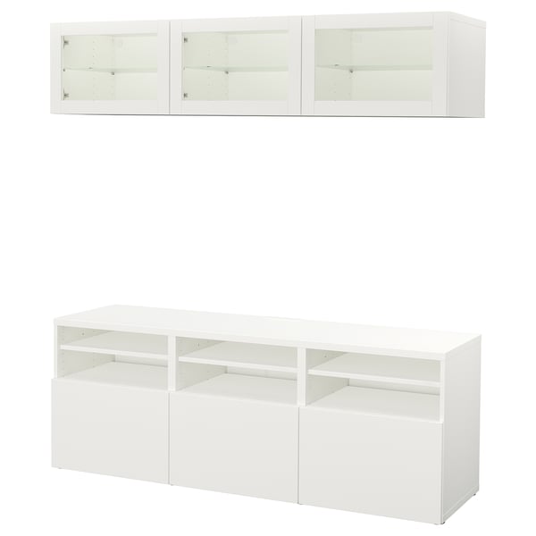 BESTÅ Rangement télé à portes vitrées, blanc/Lappviken verre transparent blanc, 70 7/8x16 1/2x75 5/8 "