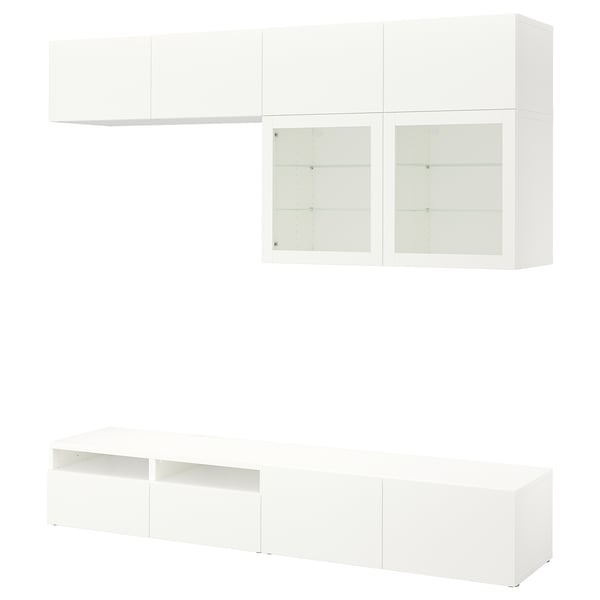 BESTÅ Rangement télé à portes vitrées, blanc/Lappviken verre transparent blanc, 94 1/2x16 1/2x91 "