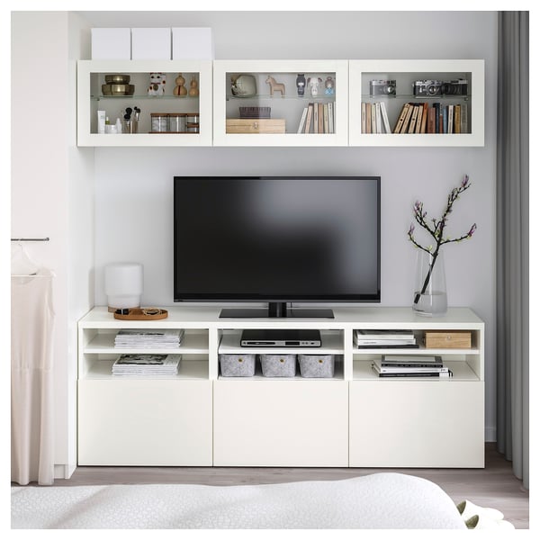 BESTÅ Rangement télé à portes vitrées, blanc/Lappviken verre transparent blanc, 70 7/8x16 1/2x75 5/8 "