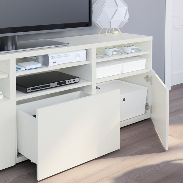 BESTÅ Rangement télé à portes vitrées, blanc/Lappviken verre transparent blanc, 70 7/8x16 1/2x75 5/8 "