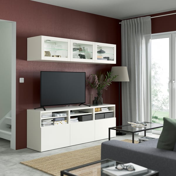 BESTÅ Rangement télé à portes vitrées, blanc/Lappviken verre transparent blanc, 70 7/8x16 1/2x75 5/8 "