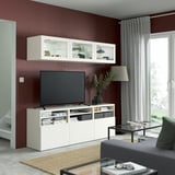 BESTÅ Rangement télé à portes vitrées, blanc/Lappviken verre transparent blanc, 70 7/8x16 1/2x75 5/8 "