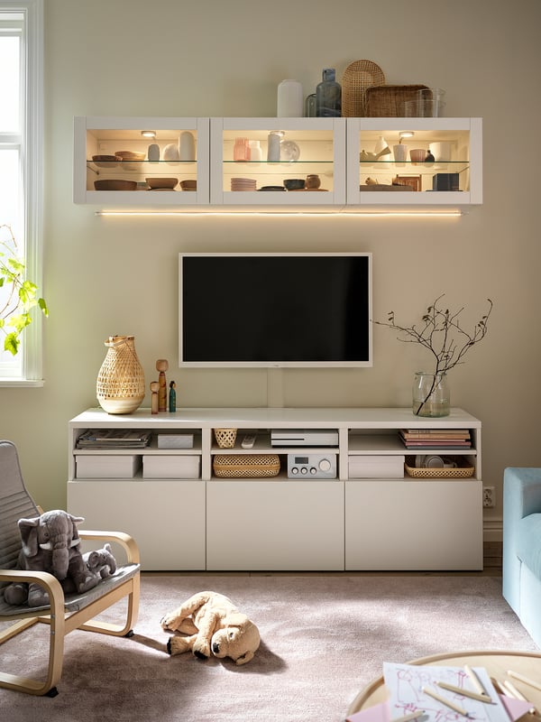 BESTÅ Rangement télé à portes vitrées, blanc/Lappviken verre transparent blanc, 70 7/8x16 1/2x75 5/8 "