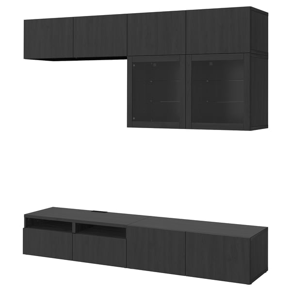 BESTÅ Rangement télé à portes vitrées, brun-noir/Lappviken verre transparent brun-noir, 94 1/2x16 1/2x91 "
