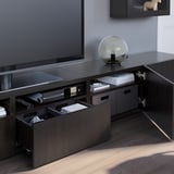 BESTÅ Rangement télé à portes vitrées, brun-noir/Lappviken verre transparent brun-noir, 94 1/2x16 1/2x74 3/4 "