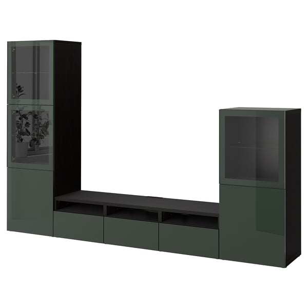 BESTÅ Rangement télé à portes vitrées, brun-noir Selsviken/Glassvik vert olive foncé, 118 1/8x16 1/2x76 "