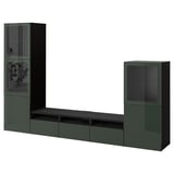 BESTÅ Rangement télé à portes vitrées, brun-noir Selsviken/Glassvik vert olive foncé, 118 1/8x16 1/2x76 "