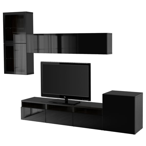 BESTÅ Rangement télé à portes vitrées, brun-noir/Selsviken verre transparent noir/brillant, 118 1/8x16 1/2x83 1/8 "