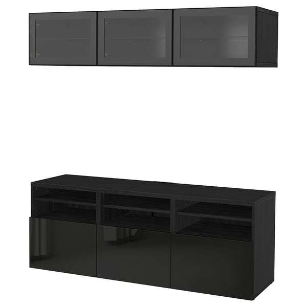 BESTÅ Rangement télé à portes vitrées, brun-noir/Selsviken verre transparent noir/brillant, 70 7/8x16 1/2x75 5/8 "