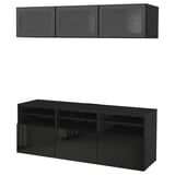 BESTÅ Rangement télé à portes vitrées, brun-noir/Selsviken verre transparent noir/brillant, 70 7/8x16 1/2x75 5/8 "
