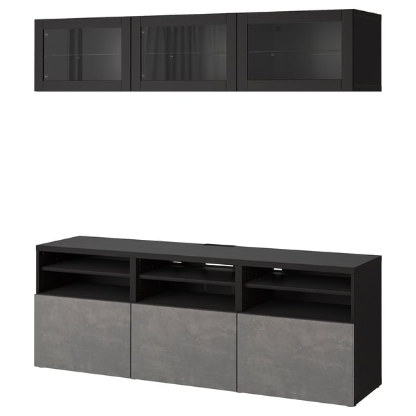 BESTÅ Rangement télé à portes vitrées, brun-noir Sindvik/Kallviken gris foncé, 70 7/8x16 1/2x75 5/8 "