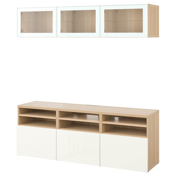 BESTÅ Rangement télé à portes vitrées, effet chêne blanchi/Selsviken verre transparent blanc/brillant, 70 7/8x16 1/2x75 5/8 "