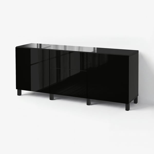 BESTÅ Rgt portes/tiroirs, brun-noir/Selsviken ultrabrillant/noir, 70 7/8x16 1/2x29 1/8 "