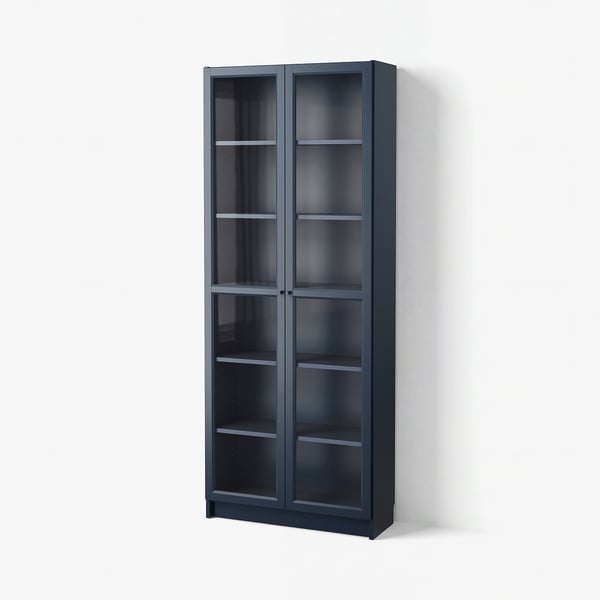 BILLY Bibliothèque vitrée, bleu foncé, 31 1/2x11 3/4x79 1/2 "