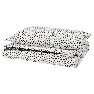 BJÖRKGRÅMAL Housse de couette et taie(s), noir blanc/à picots, 1 place
