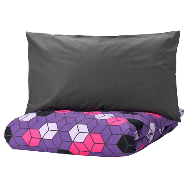BLÅSKATA Housse de couette et 1 taie, violet/noir à motifs, 1 place