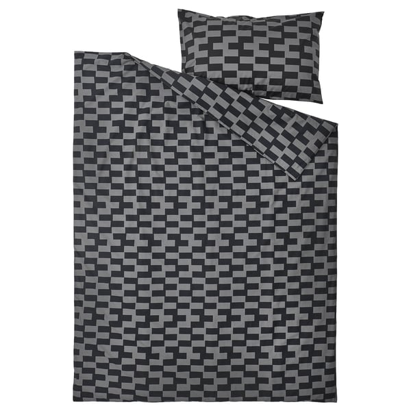 BLÅSKATA Housse de couette et taie, gris/noir à motifs, 1 place