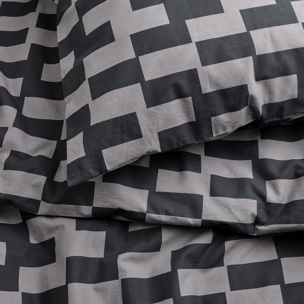 BLÅSKATA Housse de couette et taie, gris/noir à motifs, 1 place