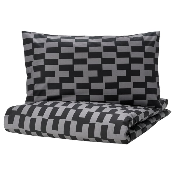 BLÅSKATA Housse de couette et taie, gris/noir à motifs, 1 place