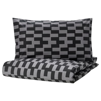 BLÅSKATA Housse de couette et taie, gris/noir à motifs, 1 place