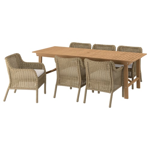 BONDHOLMEN / ULVEVÄR Table+6 chaises accoud, extérieur, brun plastique imitation rotin brun/Frösön/Duvholmen beige, 92 1/2x35 3/8 "