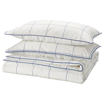 BREDVECKLARE Housse de couette et taie(s), blanc bleu/carreaux, 2 places/grand 2 places