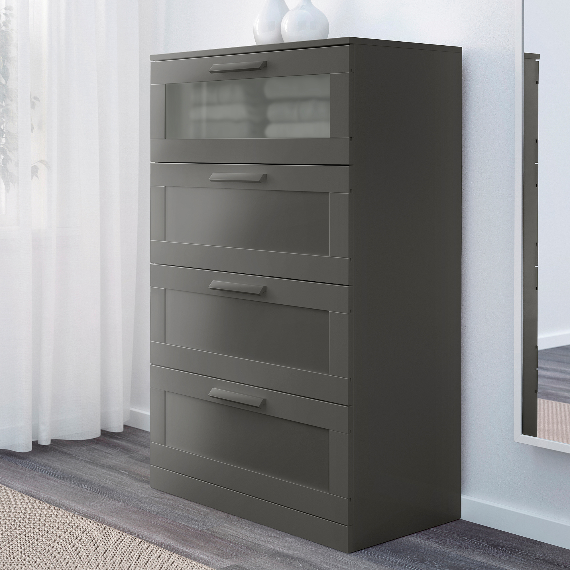 BRIMNES Commode à 4 tiroirs gris/verre dépoli IKEA