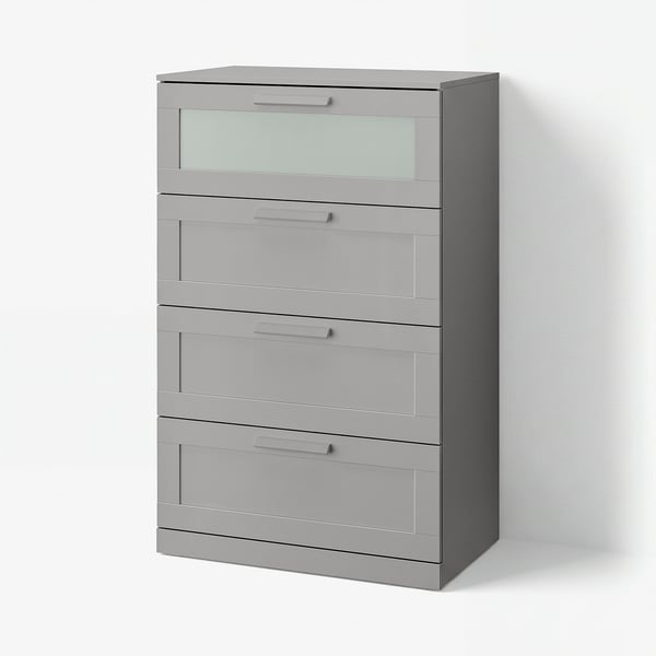 BRIMNES Commode à 4 tiroirs, gris/verre dépoli, 30 3/4x18 1/8x48 7/8 "