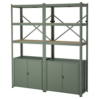 BROR Étagère avec rangement, gris-vert/contreplaqué de pin, 66 7/8x15 3/4x74 3/4 "