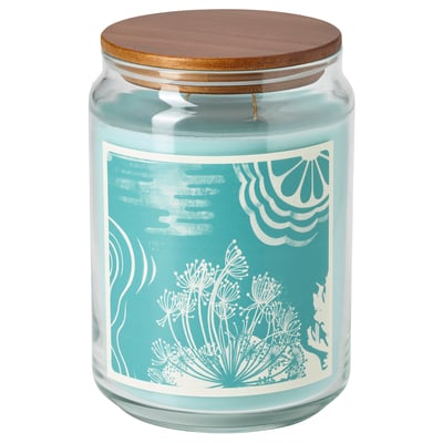 BUKETTAPEL Bougie parfumée verre+couv/2 mèches, bergamote et bois de cèdre/vert clair, 100 hr