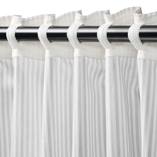 BYMOTT Rideaux, 2 panneaux, blanc/gris clair rayé/ruban fronceur, 47x98 "