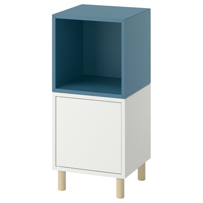 EKET Rangement avec pieds, blanc bleu gris foncé/bois, 13 3/4x13 3/4x31 1/2 "