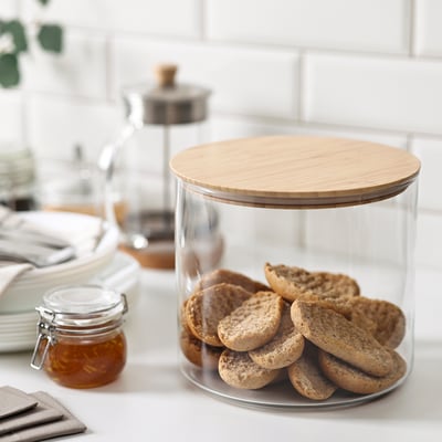 EKLATANT Bocal avec couvercle, verre clair/bambou, 142 oz