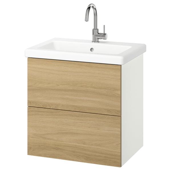 ENHET / TVÄLLEN Meuble à tiroirs/lavabo/mitigeur, blanc/eff chêne, 25 1/2x19 1/8x26 "