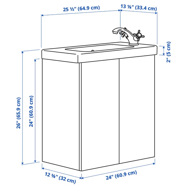 ENHET / TVÄLLEN Meuble sdb avec portes/lavabo, blanc, 25 1/2x13 1/8x26 "