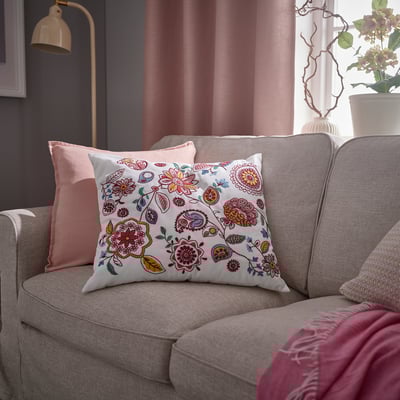 FJÄLLFRYLE Coussin, blanc multicolore/broderie, 20x23 "