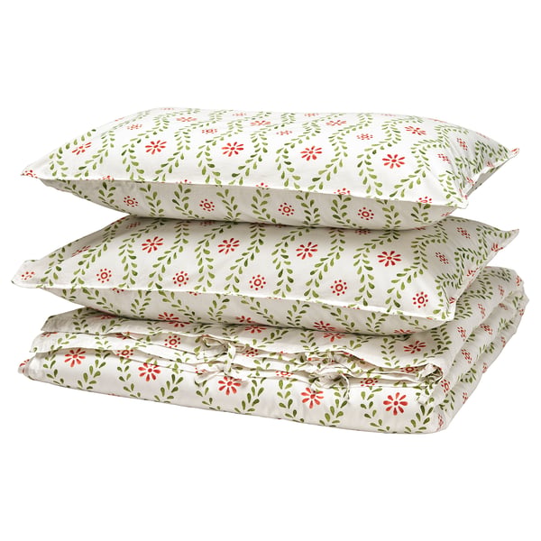 FYRISVIDE Housse de couette et taie(s), blanc/motif floral, 2 places/grand 2 places