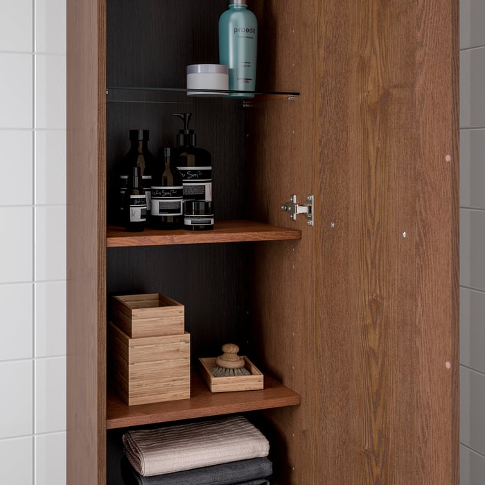 Armoire haute, effet frêne teinté brun, 40x32x192cm. (CAFR