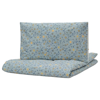 GULDVÄVARE Housse couette+1 taie pour lit bébé, bleu/blanc motif floral, 43x49/14x22 "