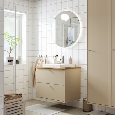 HAVBÄCK / ORRSJÖN Meuble à tiroirs/lavabo/mitigeur, beige/bambou, 31x21 1/2x28 3/8 "